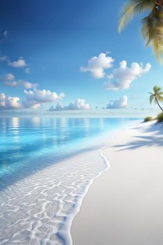 an image of a beach scene with palm trees on the shore and blue sky in the background