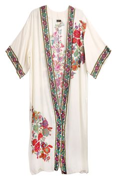 A vibrant floral print adorns a maxi length kimono that brings romantic boho style to any look. 54" length Open front Bracelet length kimono sleeves Floral border and back prints Lightweight woven construction Side vents 100% rayon Hand wash cold, line dry Imported Model’s stats for sizing: 5’10” height, 34” bust, 27” waist, 35” hips. Model is wearing size OS. Romantic Boho Style, Romantic Boho, Penny Lane, Kimono Sleeves, Kimono Sleeve, Floral Border, A Romantic, Lightweight Fabric, Boho Style