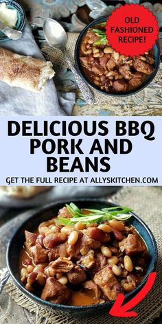 Collage of overhead shot of bowlful of BBQ pork and beans at top and bowlful of BBQ pork and beans at bottom. Red Beans Recipe, Pork And Beans, Cooking Pork, Bbq Beans, Slow Cooker Pork Tenderloin, Pork N Beans, Heirloom Recipes, How To Cook Pork