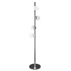 three glass balls are on top of a metal pole with a black base and four lights