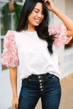 This blouse is perfect for you! It's absolutely adorable with those textured puff sleeves! Especially with all those pastel colors within them. This ribbed blouse is going to look so good with dark wash jeans! This blouse features short puffed sleeves with textured flowers, a round neckline, and a ribbed knit body.  Material has a generous amount of stretch.Cindy is wearing the small. Feminine Pink Puff Sleeve Top For Fall, Spring Trendy Puff Sleeve Crew Neck Top, Trendy Puff Sleeve Crew Neck Top For Spring, Spring Puff Sleeve Knit Top, Chic Puff Sleeve Top With Crew Neck For Spring, Feminine Short Sleeve Knit Top For Spring, Ribbed Blouse, Cruise Outfits, Mint Julep Boutique