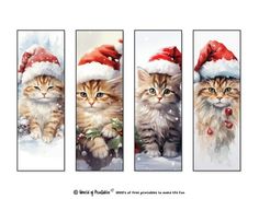 three pictures of cats wearing santa hats and sitting in the snow with christmas decorations on them