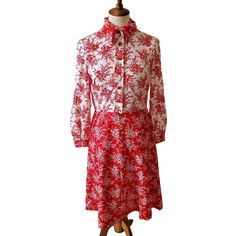 Vintage Lord & Taylor Tannel Knits Womens Floral Print Dress  Size 12 ( fits more like a modern Medium) Shown on a size 6/8 Mannequin and fits perfect  Red  & White Floral pattern has belt loops- no belt Zips up the skirt portion and buttons up the chest  No care tag- but I think its a cotton polyester blend - has some stretch to it  18 1/2" armpit to armpit  29" waist 40" long  excellent pre-owned condition . No stains or holes Red Cotton Dress For Fall, Red Long Sleeve Daywear Dress, Red Long Sleeve Dresses For Daywear, Red Vintage Dress For Holiday, Red Long Sleeve Cotton Midi Dress, Red Long Sleeve Vintage Midi Dress, Red Midi Dress For Fall Daywear, Red Midi Dress For Daywear In Fall, Fitted Red Cotton Midi Dress