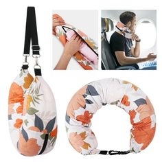 an airplane seat belt with flowers on it and two pictures of the straps attached to it