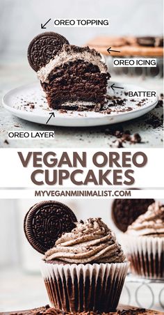 an oreo cupcake with chocolate frosting on top and the words vegan oreo cupcakes above it