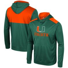 The Men's Colosseum Green Miami Hurricanes Warm Up Long Sleeve Hoodie T-Shirt is the perfect way to show your support for the Miami Hurricanes. Made from lightweight polyester, this hoodie is ideal for mild temperatures and features screen-printed graphics that proudly display your team pride. With two side pockets for convenience, this hoodie is a must-have for any Miami Hurricanes fan. Team-colored Hooded Top For Fan Gear, Hooded Tops With Team Logo For Fans, Hooded Tops With Team Logo For Fan Gear, Team-colored Hooded Tops With Team Logo, Hooded Fan Apparel Tops With Team Name, Sports Event Fan Apparel Tops With Drawstring Hood, Fan Apparel Tops With Drawstring Hood For Sports Events, Sports Team Logo Hoodie For Sports Season, Collegiate Hooded Top For Sports Events