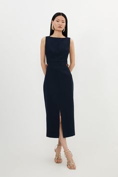 Compact Stretch Tailored Pu Tab Detail Midi Dress Black Formal Dress Outfit Ideas, Column Silhouette Dress, Evening Work Dress, Midi Business Dress, Dresses For Work Business Classy, Tailored Feminine Style, Business Attire For Petite Women, Dress To Work The Office, Classic Style Dress