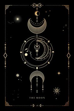 the moon surrounded by stars and crescents on a black background with gold trimming