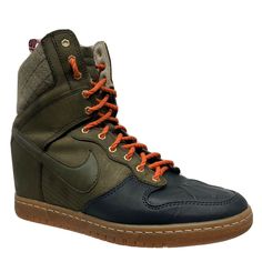 Nike Dunk Sky Hi SneakerBoot Dark Loden  616715-300 Women Sz 8.5 GUC Good pre-owned condition with visible wear. Creases. Soiling. Spots. Scuffs. Nice Tread!! Super Rare!! Please see photos for reference. All shoes have been washed by hand, sanitized, and protective coated where applicable. Ready to wear!! Please ask any questions prior to purchase. Thanks. Platform Mules, Leather Wedge Sandals, Duck Boots, Sky High, Nike Dunk, Wedge Sneaker, Nike Dunks, Wedge Heels, High Top Sneakers