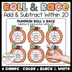 the roll and race game with pumpkins for addition to subtract within 20