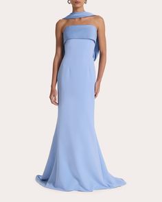 Safiyaa Roshana Draped Satin and Crepe Gown | OLIVELA Dress With Neck Scarf, Ball Gown Styles, Moh Dress, Mob Fashion, Drop Waist Gown, Fishtail Gown, Dress With Scarf, Function Dresses, Elegant Gowns