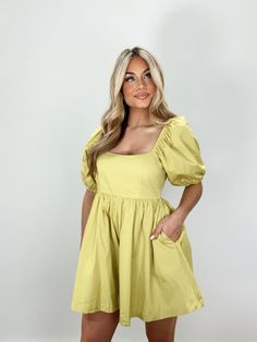 Hit the town with your sassiest look yet in the Lime Babydoll Romper! With its puff sleeves and strappy back, this romper is sure to turn heads. Its elastic waistband and inner lining will keep you comfortable all day, while its flattering and flirty silhouette will make you feel your best. A one-stop shop for cuteness! 100% Rayon Hand Wash Cold Cute Puff Sleeve Dress For Summer, Cute Puff Sleeve Dress With Balloon Sleeves For Summer, Casual Cotton Bubble Romper With Smocked Back, Casual Summer Bubble Romper With Smocked Bodice, Casual Bubble Romper With Smocked Back For Spring, Casual Spring Bubble Romper With Smocked Back, Fitted Puff Sleeve Bubble Romper For Spring, Casual Bubble Romper With Short Sleeves, Summer Puff Sleeve Mini Dress For Day Out