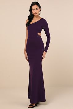 Celebrate your love with the Lulus Wondrous Romance Dark Purple One-Shoulder Mermaid Maxi Dress! Stretchy crepe knit shapes this dress that has a flattering one-shoulder neckline and a single long sleeve. A fitted bodice, with a flirty side cutout at the waist, tops a mermaid maxi skirt. Hidden side zipper/clasp. Fit: This garment fits true to size. Length: Floor length. Size medium measures 59.5" from shoulder to hem. Bust: Great for any cup size. Waist: Fitted - stretchy fabric allows custom f Mermaid Maxi Skirt, Mermaid Maxi Dress, Adhesive Bra, Long Sleeve Maxi, Strapless Bra, Cup Size, Large Size Dresses, Fitted Bodice, Long Sleeve Maxi Dress