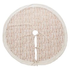 a round rug with white and brown stripes on it, tied up to the side