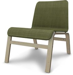 a green chair sitting on top of a white floor next to a wooden leg rest