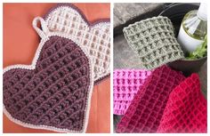 crocheted heart shaped dishcloths are shown in three different colors and sizes