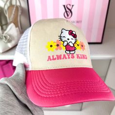 Adorable “Always Kind” Hello Kitty Hat. Snap Back Closure. Perfect For This Summer! New With Tags. Nwt ( Tags- Hats Baseball Caps Hello Kitty Pink Trucker Flowers Cute Kawaii Always Kind Fun ) Pink Kawaii Hat One Size Fits Most, Pink Novelty Hat With Letter Print, Pink Kawaii Cap, Kawaii Pink Cap, Novelty Pink Hat With Letter Print, Cute Pink Adjustable Baseball Cap, Cute Pink Cotton Hat, Cute Snapback Mini Hats, Cute Adjustable Pink Baseball Cap