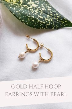 Gold Half hoop earrings with pearl. These earrings feature real freshwater and baroque pearls set in 18k gold-plated stainless steel half moon hoops with a stud finish. These freshwater pearl hoop earrings are so versatile as they can be worn day or night. They are perfect for brides, bridesmaids, weddings, date nights and other events and special occasions. Elegant Crescent Gold Plated Hoop Earrings, Elegant Crescent Huggie Earrings, Yellow Gold Pearl Huggie Jewelry, Everyday Hoop Jewelry With Pearl Charm, Elegant Crescent Hoop Earrings, Delicate Gold Plated Hoop Jewelry, Minimalist Hoop Pearl Charm Jewelry, Chic 14k Gold Filled Hoop Earrings Gift, Minimalist Hoop Jewelry With Pearl Charm