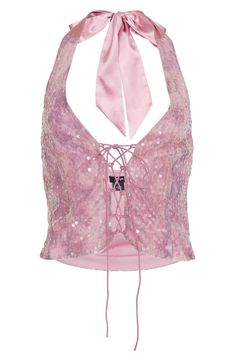 Sparkly pink sequins add to the glam of this lace-up halter top that's perfect for your next party. Exclusive retailer 8 1/2" center front length (size Medium) Ties at neck Lace-up front Halter neck Lined 100% polyester Hand wash, line dry Imported Sparkly Bra Top, Pink Sparkly Set, Pink Concert Fits, Princess And The Popstar Costume, Pink Sparkly Top, Sparkly Halter Top, Sparkly Tops, Rave Party Outfit, Pink Sequin Top