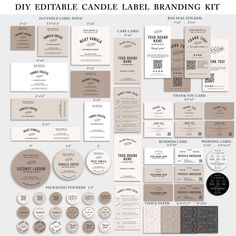 the diy editable candle label branding kit is shown in beige and grey colors