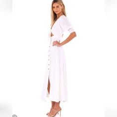 The Definition Of An Effortless Essential, This Forever Timeless Maxi Dress From Free People Features A Tie-Front, Puff Sleeve Top Detail And Button-Front Bottom Piecing With Cutout Feature At Center For Added Dimension. -Smocking At Bust -Deep V-Neck -Elasticized Sleeve Cuffs Care/Import Hand Wash Cold Import Content: 18% Linen 82% Viscose Approx Measurements For Small Bust: 17" Sleeve Length: 18.75" Length: 56" Nwot/Boutique Size: Small & Medium Retail: $148.00 Color:White White Maxi Dress With Button Closure For Brunch, White Buttoned Maxi Dress For Brunch, White Midi Dress With Button Closure For Brunch, Long Black Maxi Dress, String Of Hearts, Blue Floral Maxi Dress, Free People Maxi, Long Slip Dress, Embroidered Tunic Dress