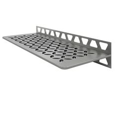 a metal shelf with holes on it