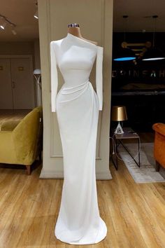 Creamy White Unique neck Long sleeves Mermaid Evening Dress Long Sleeve Mermaid Prom Dress, Evening Dresses Uk, Robes Glamour, One Shoulder Prom Dress, White Long Sleeves, Prom Dresses Long Mermaid, Evening Dresses With Sleeves, Long Sleeve Prom, Evening Party Gowns