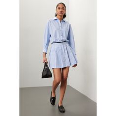 Blue cotton (Main fabric: 100% Cotton, Piping: 100% Cotton). Casual dress. Long sleeves. Collared neckline. Front button closure. 36" from shoulder to hemline. Imported. Chic Cotton Mini Dress For Daywear, Summer Office Wear Mini Dress, Summer Mini Dress For Office Wear, Pleated Cotton Mini Dress For Daywear, Cotton Pleated Mini Dress For Daywear, Spring Mini Dress With Placket, Classic Summer Mini Dress For Office, Classic Mini Dress For Summer Office Wear, Spring Cotton Shirt Dress With Placket