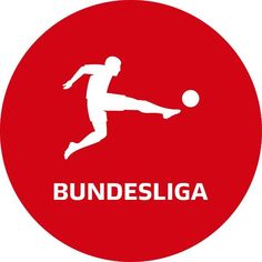 a soccer player kicking a ball with the word bundesliga in white on a red circle