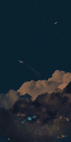 the sky is filled with clouds and stars as two spaceships fly through the air