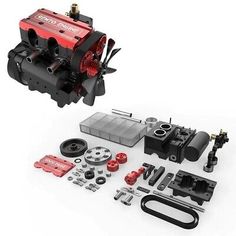 an engine and parts for a car on a white background