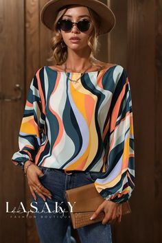 Lasaky - Luxurious Colorful Artistic Loose Lantern Sleeve Blouse for Fashion-forward Individuals Me 109, Bishop Sleeve Blouse, Boat Neck Blouse, Lantern Sleeved Blouses, Pretty Blouses, Bishop Sleeve, Women Long Sleeve Tops, Puff Sleeve Blouse, Hipster Fashion