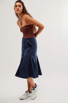 Taylor Midi Skirt | Free People Chic Pinstripe Skirt For Spring, Casual Fitted Skirt With Flared Hem, Spring Fitted Skirt With Flared Hem, Spring Flare Pleated Skirt, Spring Flare Fitted Skirt, Chic Pleated Flare Skirt, Spring Flared Fitted Skirt, Workwear Lined Skirt With Flared Hem, Flared Hem Lined Skirt Bottoms For Workwear