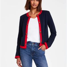 Layer On Instant Sophistication With Tommy Hilfiger's Open-Front Jacket Imported Collarless; Open Front With Button Trim Side Welt Pockets Size & Fit Relaxed Fit; Hits At Hip; Approx. 26-3/4" Long Material & Care Machine Washable Cotton, Elastane Spandex Tommy Hilfiger Sweater Outfit, Red Cropped Cardigan, Open Front Jacket, Tommy Hilfiger Sweater, Open Knit Cardigan, Tommy Hilfiger Women, Knit Jacket, Contrast Trim, Casual Jacket