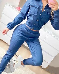 Sexy Long Sleeve Sports Two-Piece Suit sold by Fashionwomens101 on Storenvy High Waisted Pants Outfit, Denim Print, Denim Suit, Long Crop Top, Denim Chic, Tracksuit Women, Womens Clothing Stores, Casual Sets, Two Piece Sets