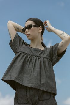 Carleen Rickrack Square Neck Shirt - Washed Black Chambray on Garmentory Summer Square Neck Top For Day Out, Casual Summer Tops With Square Neck, Everyday Cotton Top With Square Neck, Casual Square Neck Top For Summer, Everyday Cotton Square Neck Top, Square Neck Cotton Top For Everyday, Summer Cotton Tops With Square Neck, Summer Tops With Square Neck For Day Out, Cotton Tops With Square Neck For Summer