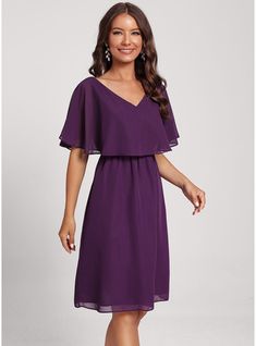 JJ's House Chiffon V-Neck Fall Spring Summer Winter Sheath/Column Elegant Sweet & Flow Simple Beach Grape Height:5.8ft（176cm） Bust:32in（82cm）Waist:24in（61cm）Hips:35in（89cm） No Special Offer Knee-Length Purple Short Sleeve Flutter Sleeve Cocktail Dress. #JJ's House #Chiffon #VNeck #Fall #Spring #Summer #Winter #SheathColumn #Elegant #Sweet&Flow #Simple #Beach #Grape #No #SpecialOffer #KneeLength #Purple #ShortSleeve #FlutterSleeve #CocktailDress Knee Length Dresses Formal, Cocktail Dress Short, Cruise Dress, Chiffon Cocktail Dress, Dresses Formal Elegant, Chiffon Midi Dress, Tea Length Dresses, Wedding Guest Dress Summer, Knee Length Dresses