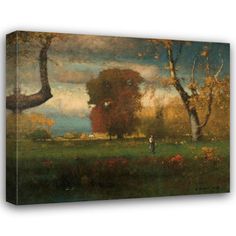 an oil painting on canvas of trees and people in the distance with clouds above them