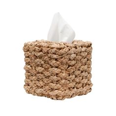 a tissue dispenser made out of rope with a white napkin in it