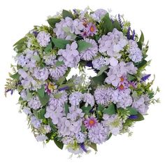 a wreath with purple flowers and green leaves