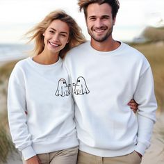 Embroidered Couples Halloween Cute Ghost Sweater,Ghosts Couple Embroidered Sweatshirt,Halloween Matching Couples Hoodies,Spooky Couple Sweat 👕How To Order👕 1-) Please, check and review all photos 2-) Choose your t-shirt size and color 3-) Click add to cart. You can go back to add more product 4-)Click "Proceed to check out" 5-)When you check out, you can add a note to seller for any request PRODUCT FEATURES Unisex Sweatshirt 50% Cotton, 50% Polyester CARE INSTRUCTIONS Wash item inside out in c Matching Couples Hoodies, Spooky Couple, Ghost Sweater, Matching Hoodies For Couples, Halloween Cute Ghost, Halloween Matching, Couples Sweaters, Mrs Shirt, Couples Halloween