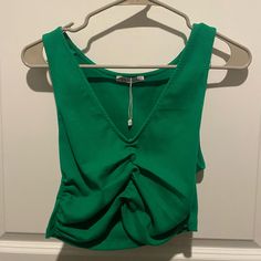 Zara Green Ruched Top! Never Used (Without Tag) Casual V-neck Tops With Gathered Waist, Casual Sleeveless Top With Ruched Sides, Casual Ruched Back Top For Spring, Summer V-neck Top With Gathered Waist, V-neck Tops With Gathered Waist For Summer, V-neck Top With Gathered Waist For Summer, Summer V-neck Ruched Top, Summer Ruched V-neck Tops, Chic V-neck Top With Gathered Waist