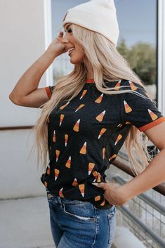 PREORDER: Candy Corn Cutie - Tee Candy Corn Shirt, Corn Shirt, Holiday Hoodies, Orange Accents, Denim Leggings, Vibrant Orange, Basic Outfits, Romper With Skirt, Candy Corn