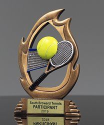 a trophy with a tennis racket and ball on it