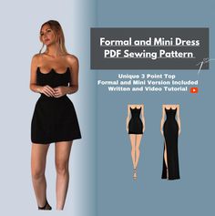 a woman in a black dress with the text formal and mini - dress sewing pattern