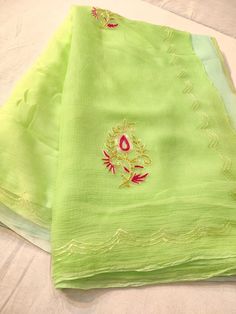 Beautiful chiffon saree with kasab handmade work 11 buttis all over . unstitched 80 cm blouse same fabric So pretty and available in beautiful colours. (Please let us know if u want fall piko to be done ) This product has been crafted by hand and may have slight irregularities or imperfections in color or embellishment. These irregularities are the result of the human involvement in the process and add to the finished products charm while ensuring you have a one-of-a-kind piece. Custom Policy: I Green Zari Work Saree For Summer, Bohemian Pre-draped Georgette Saree With Resham Embroidery, Green Summer Saree With Zari Work, Green Saree With Zari Work For Summer, Summer Designer Chanderi Saree, Traditional Silk Pre-draped Saree For Summer, Pista Green Georgette Blouse Piece With Resham Embroidery, Summer Chanderi Saree With Dupatta, Chanderi Saree With Dupatta For Summer