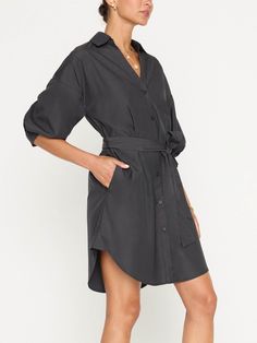 Kate belted button up mini dress black side view V-neck Tie Waist Shirt Dress For Fall, Chic V-neck Shirt Dress With Pockets, V-neck Tie Waist Shirt Dress For Work, V-neck Shirt Dress With Tie Waist For Work, Fall Belted Shirt Dress With Spread Collar, Fall Shirt Dress With Roll-up Sleeves For Daywear, Fall Daywear Shirt Dress With Roll-up Sleeves, Chic Shirt Dress With Roll-up Sleeves For Daywear, Belted Button-up Shirt Dress In Solid Color