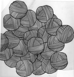 black and white drawing of balls of yarn