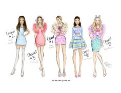 Scream Queens the Chanels watercolor fashion illustration by Kara Ashley Shreeve Chanel Oberlin Aesthetic, Chanel Oberlin Outfit, Scream Queens Outfits, Chanel Scream Queens, Scream Queens Fashion, Chanel Oberlin, Fashion Artwork, Queen Aesthetic, Queen Outfit