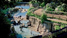 an artist's rendering of a zoo exhibit with people walking around and looking at the water